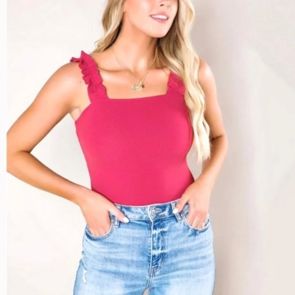 New Cotton Ruffle Tank Pink Bodysuit Top